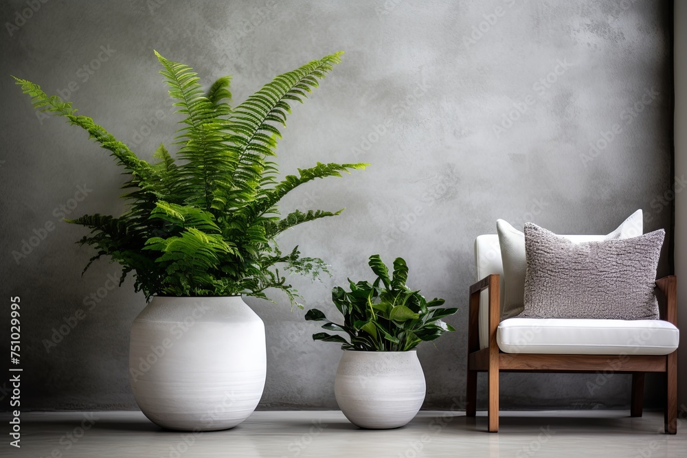 Lush Fern and Orchid Displays in Minimalist Lounge: White Potted Ferns by Concrete Wall