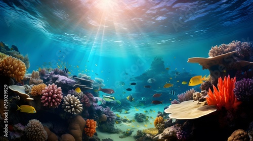 Underwater panoramic view of the coral reef. Tropical underwater scene.