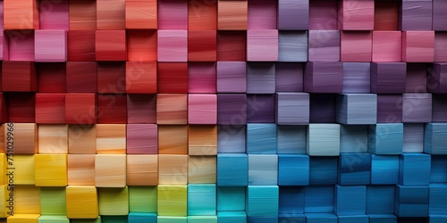 Spectrum of colorful wooden blocks aligned on a rustic old wood table. Japanese Color set. Background or cover for something creative  diverse  and in multiple variations.