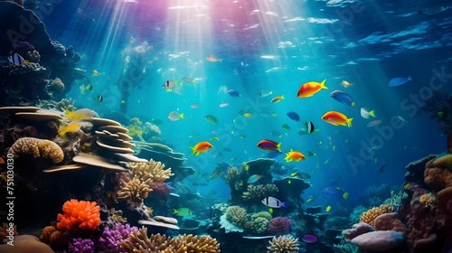 Underwater view of coral reef and tropical fish. Panorama. © Iman