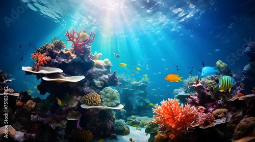 Underwater panorama of coral reef and tropical fish. Underwater world. © Iman