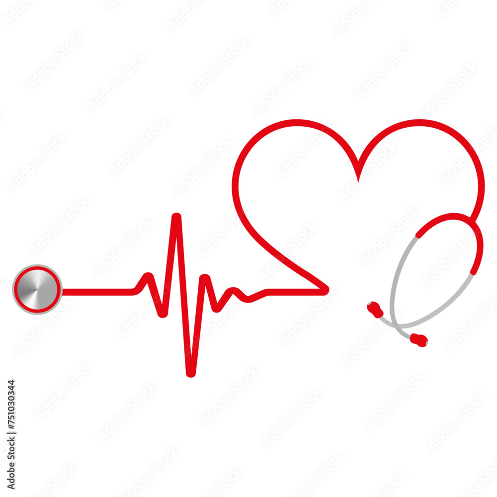 Illustration of a red heart with a stethoscope on a white background.