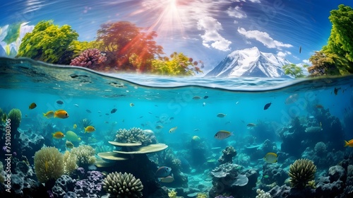 Underwater panoramic view of coral reef and beautiful tropical fish.