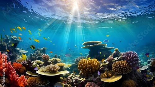 Underwater panorama of a tropical coral reef with fishes and sunlight