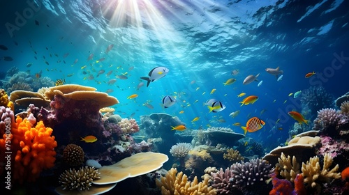 Coral reef and tropical fish. Underwater panorama of the underwater world.