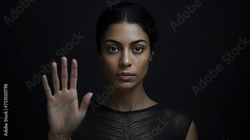 Woman show palm hand against racial gender discrimination