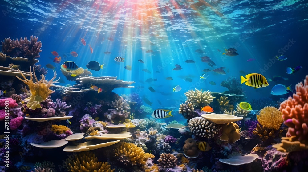 Coral reef and fish in the Red Sea. Egypt. Panorama