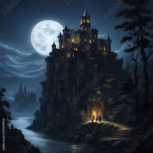 Nocturnal Secrets: Moonlit Castle by the Shore 