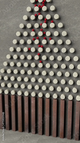Small red balls falling down through the Galton board photo
