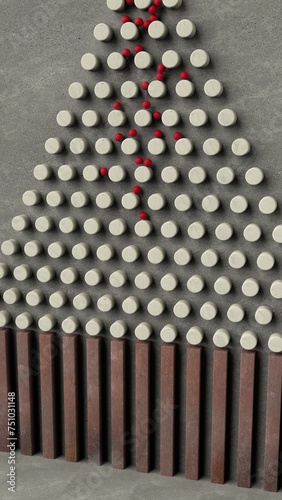Small red balls falling down through the Galton board