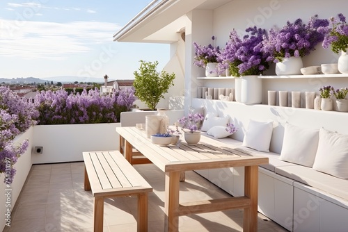 Nordic Twist with Mediterranean Color Palette: Lavender Planters on Wooden Table with White Chairs