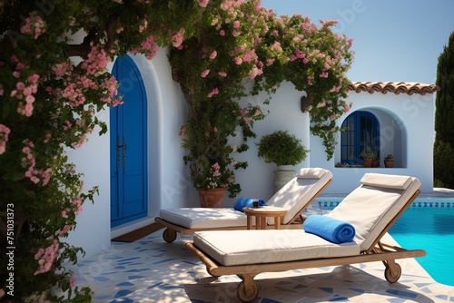 Mediterranean Color Palette - Sunny Patio Oasis: Azure Blue Pool, White Lounge Chairs, Lush Greenery © Michael