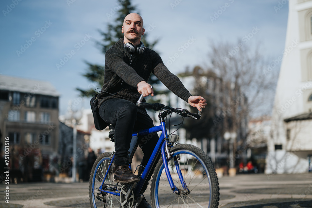 A man with a beard, wearing a sweater and headphones, rides a blue bicycle on a sunny city street, conveying an eco-friendly commute.