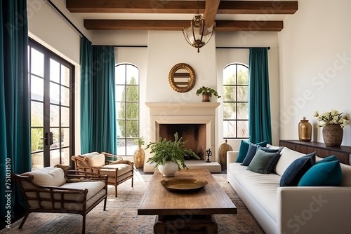 Mediterranean Vintage Villa: Teal Curtains, White Stucco Walls, Wood Beam Ceiling © Michael