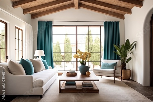 Vintage Mediterranean Villa: Teal Curtains, White Stucco Walls, Wood Beam Ceiling Inspiration