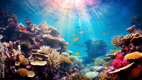 Underwater panoramic view of coral reef with tropical fish.