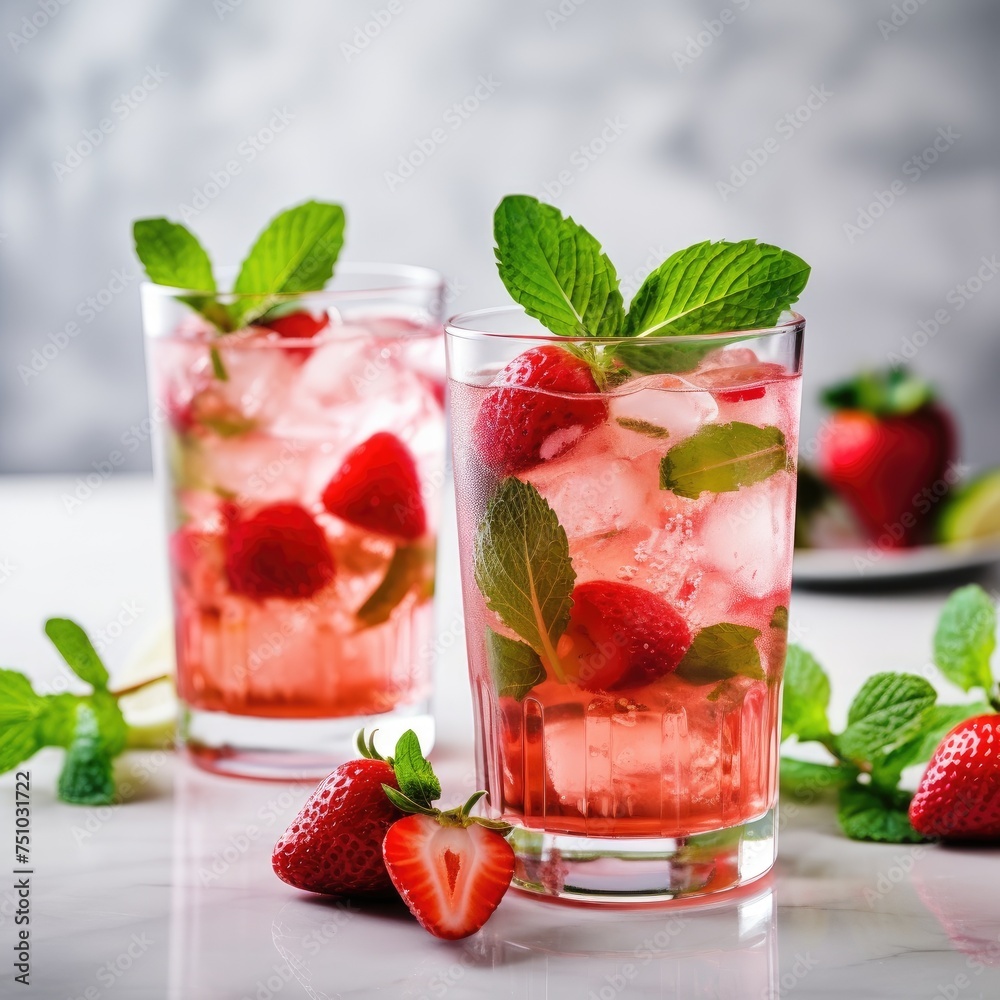 Summer drink with strawberry,ice and mint leafs in glasses on marble background,side view, close up Summer drink with strawberry,ice and mint leafs in glasses on marble background,side view, close up