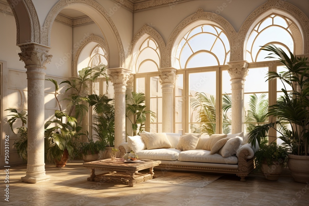 Sunlit Mediterranean Interior: Historic Architectural Charm with Arch Ceilings