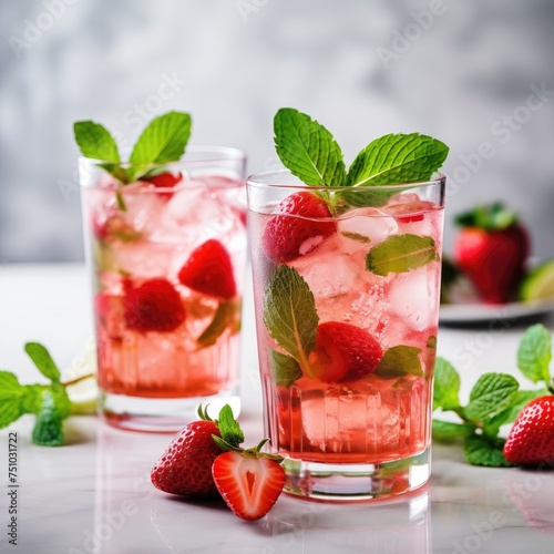 Summer drink with strawberry,ice and mint leafs in glasses on marble background,side view, close up