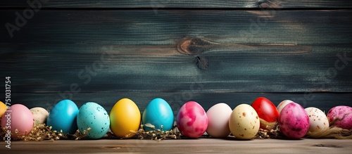 A row of colorful Easter eggs displayed neatly on top of a rustic wooden table. Each egg is delicately painted with intricate designs, creating a festive and cheerful display.