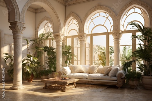Sunlit Mediterranean Interior  Historic Architectural Charm with Arch Ceilings