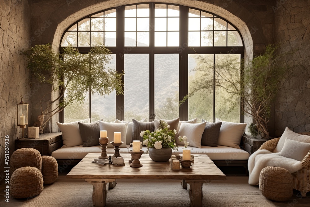 Fototapeta premium Serene Mediterranean Bamboo and Stone Lounge with Rustic Charm and Arched Windows