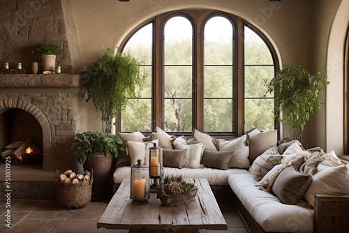 Mediterranean Lounge: Bamboo and Stone Serenity by Arched Windows