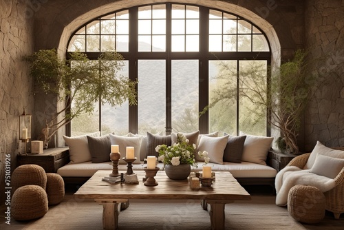 Serene Mediterranean Bamboo and Stone Lounge with Rustic Charm and Arched Windows