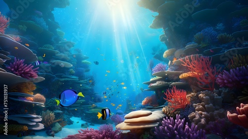 Underwater panoramic view of tropical coral reef. Underwater world.