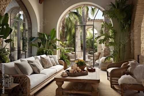 Mediterranean Bamboo and Stone Rustic Lounge with Arched Windows