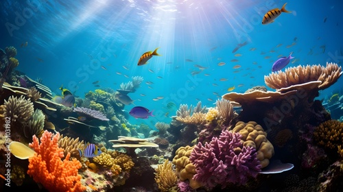 Underwater panorama of coral reef with fishes and corals.