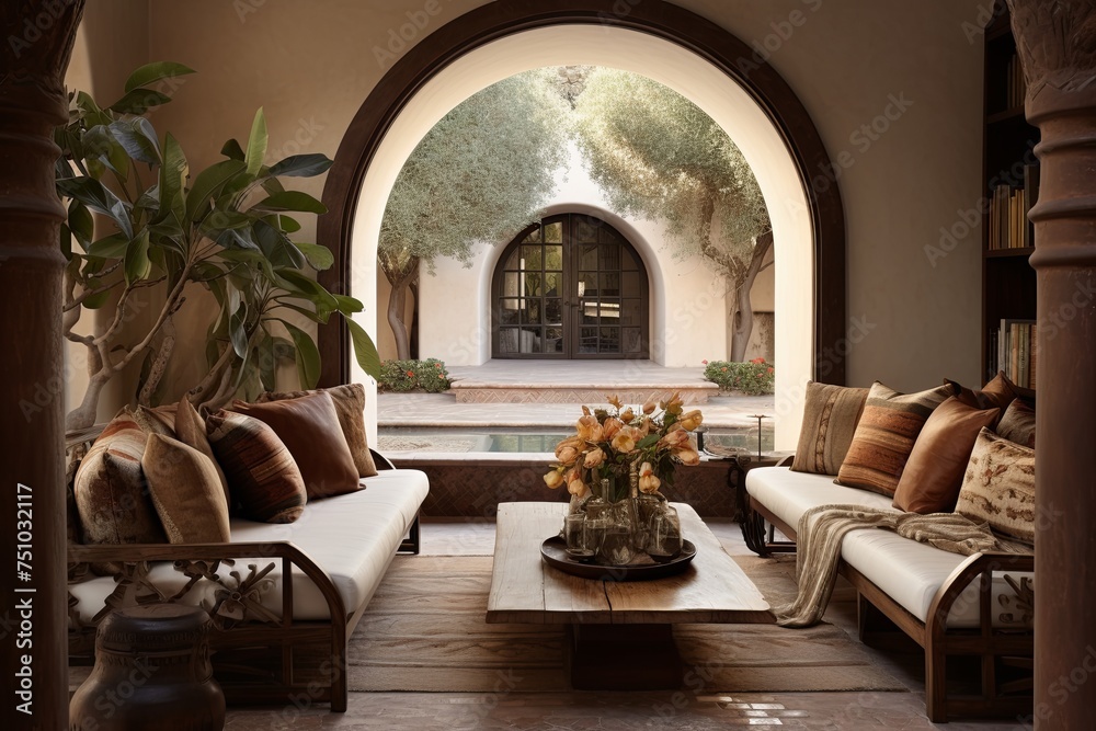 Mediterranean Villa Scene: Metal and Leather Seating Amid Arch Doorways and Earth-Toned Textiles