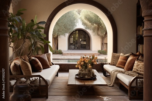 Mediterranean Villa Scene: Metal and Leather Seating Amid Arch Doorways and Earth-Toned Textiles © Michael