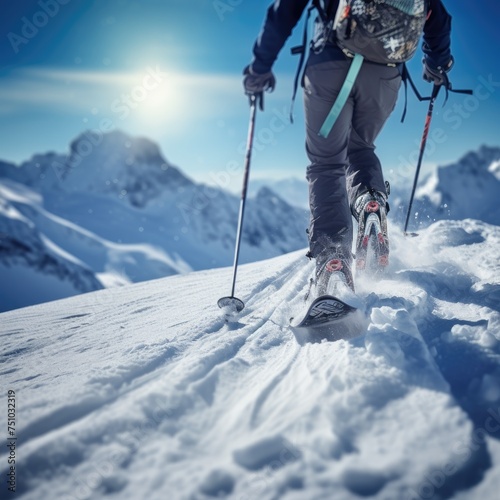 Skier conquering a snowy peak, mountain landscape, close-up, copy space