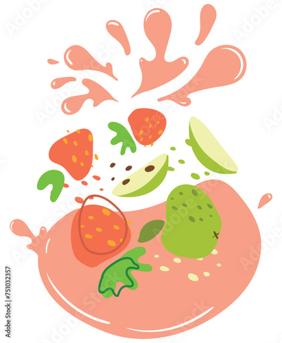Ripe apple fruits and strawberries with splashes of juice. Vector illustration of organic fruit juice. Eco label concept for natural apple and strawberries flavor. Design of vape, juice, smoothie.