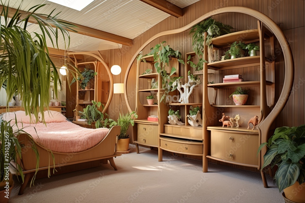 Enchanting Mid-Century Home Interior: Wood Shelving and Fairy-Tale Canopy Beds - obrazy, fototapety, plakaty 