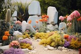 Pastel Flower Paradise: Mid-Century Garden Tranquility with Concrete Sculptures and Serene Rock Garden Concepts