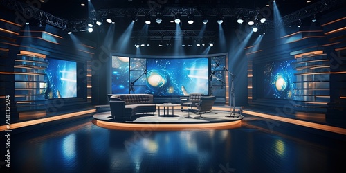 TV live performance studio set in preparation. Large scale monitors.