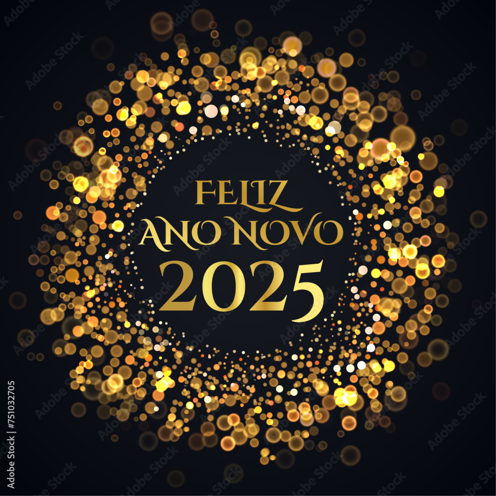 Cartão ou banner para desejar um feliz ano novo 2025 em ouro em um círculo composto por círculos dourados com efeito bokeh em um fundo preto	
	
