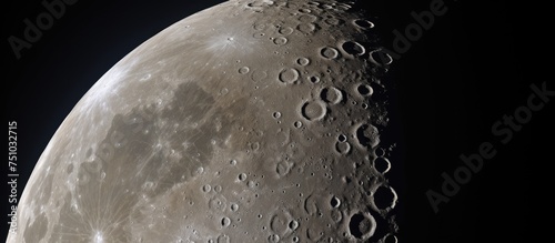 A detailed close-up view of the moons surface is shown against a stark black background. The intricate textures and craters of the moon are highlighted in this high-quality image.