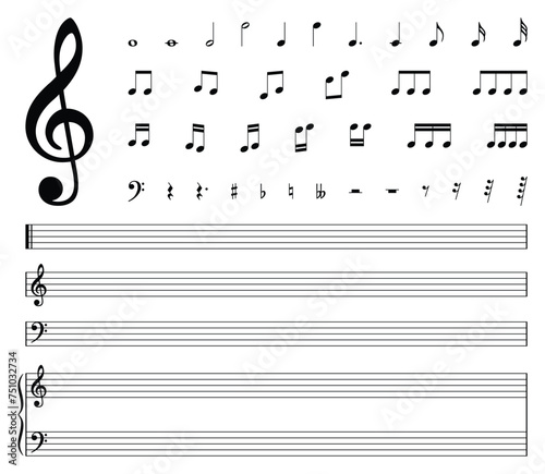 Music notes icon set. Black note symbol. Treble clef, bass, sharp, natural, flat, measure, bar, stave, five line staff, scale. Vector illustration.