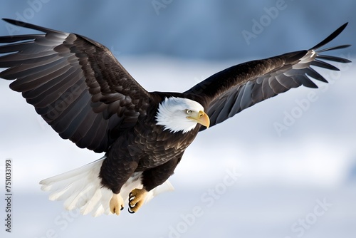 Majestic bald eagle soaring through the sky. Generative AI