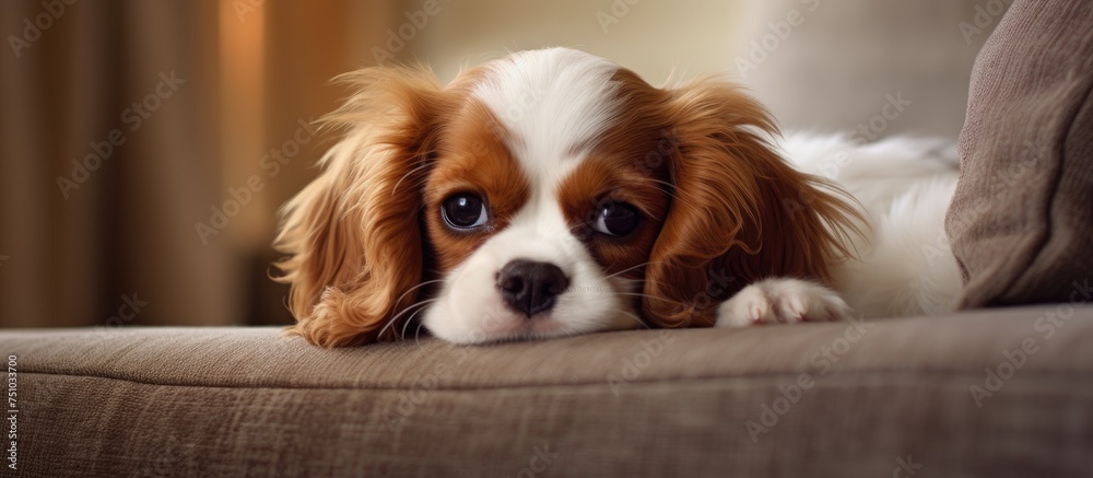A young Cavalier King Charles Spaniel puppy with brown and white fur is comfortably resting on top of a couch, looking peaceful and content. A young Cavalier King Charles Spaniel puppy with brown and white fur is comfortably resting on top of a couch, looking peaceful and content.