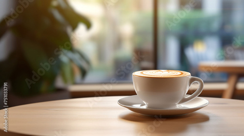 Blurred modern background, a cup of coffee on a wooden tabletop. GenerativeAI