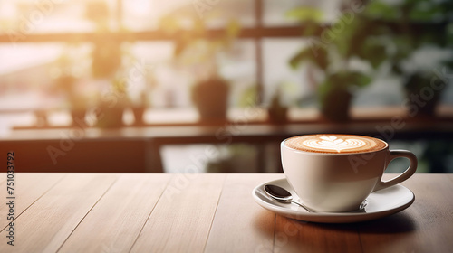 Blurred modern background, a cup of coffee on a wooden tabletop. GenerativeAI