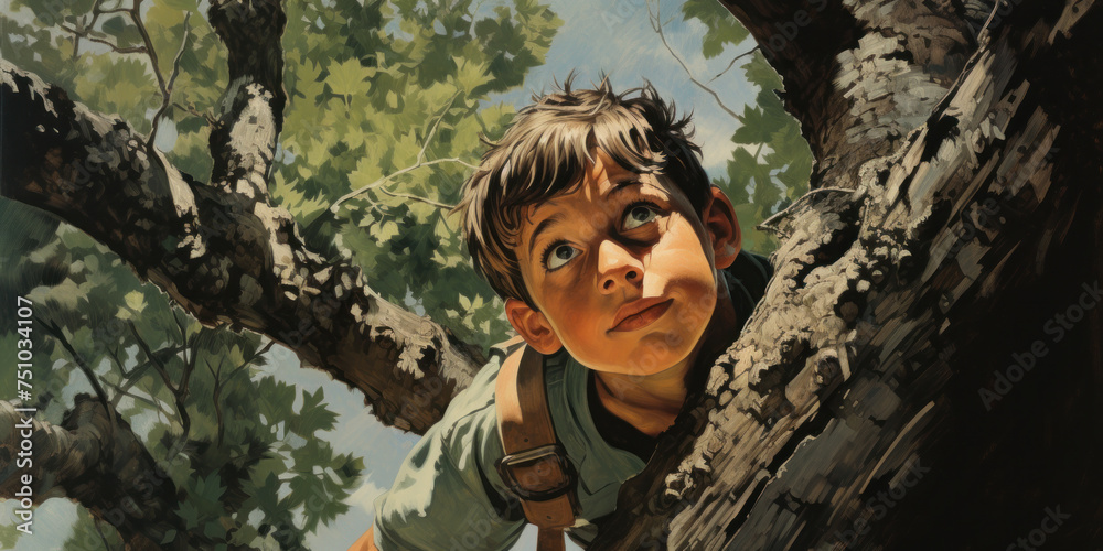 painting of a boy is climbing tree in forest, generative AI painting of a boy is climbing tree in forest, generative AI