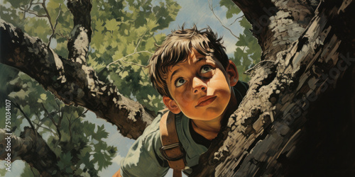painting of a boy is climbing tree in forest, generative AI