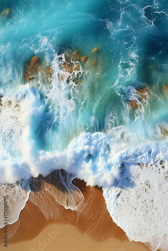 Ocean's Embrace: Aerial View of Waves Crashing on Shore. Captivating aerial shot of turquoise waves meeting the sandy beach, perfect for travel, nature themes, and inspirational backdrops for design a