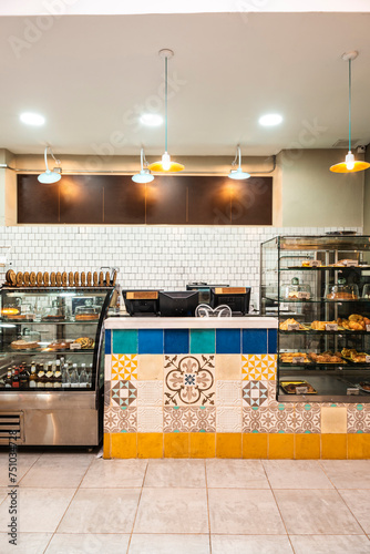 Interior design of counter and cash register at cafe