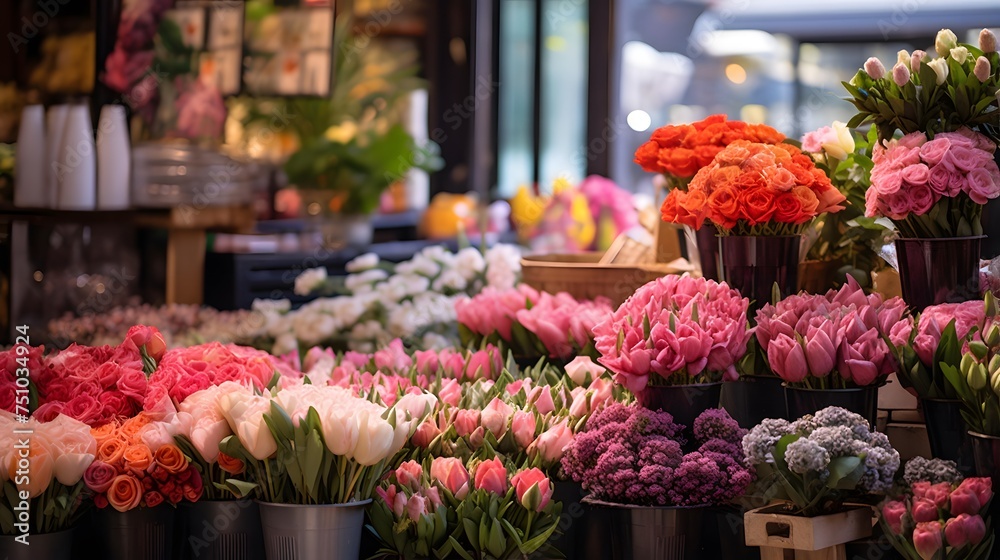 Variety of colorful flowers in a shop. Selective focus.